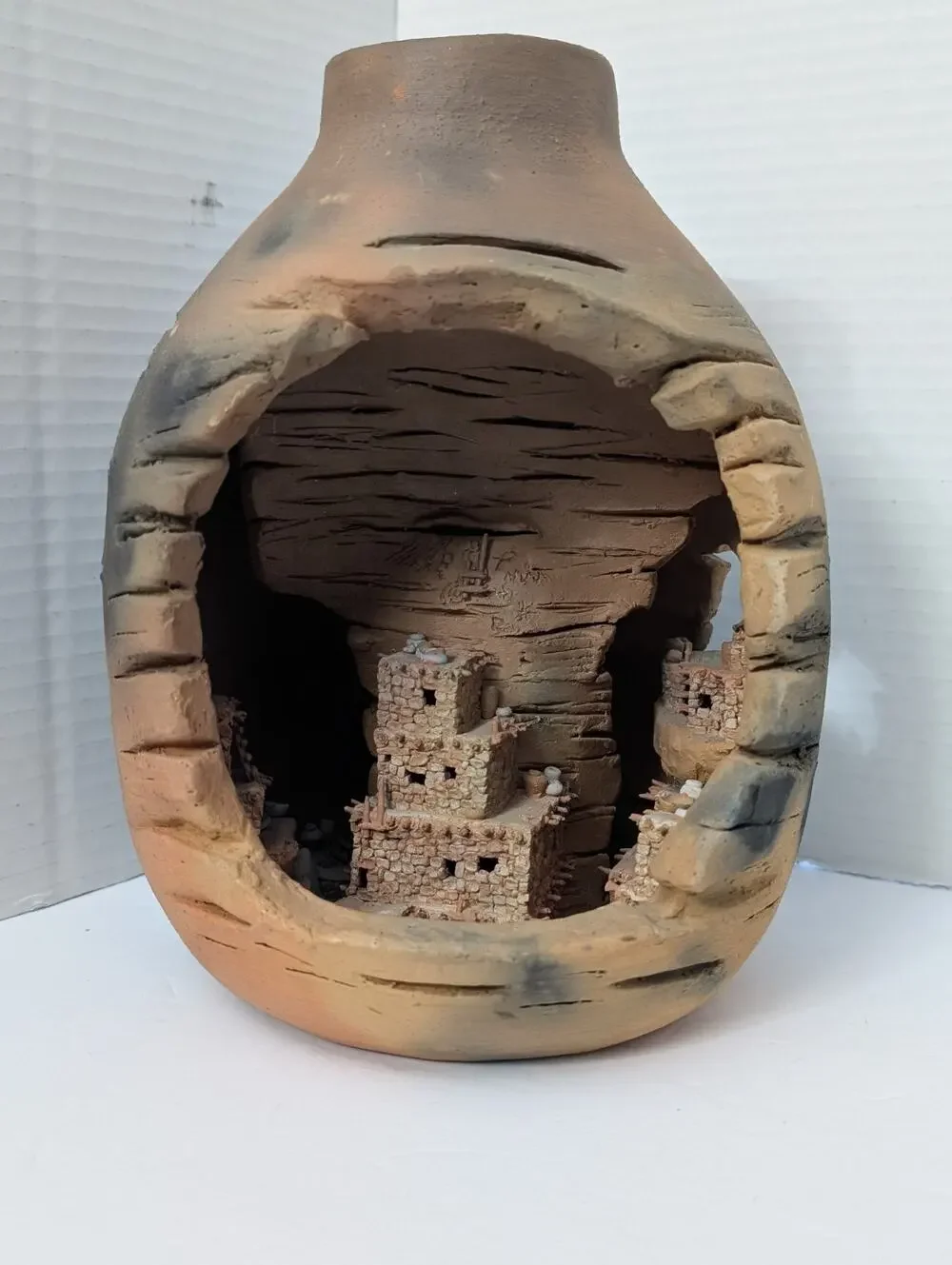 1992 Signed Clay Pueblo Pottery Diorama Southwestern Cave Village Sculpture Vase